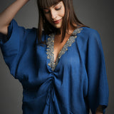 Blue Crinkled Cotton Embroidered Neckline Kaftan
