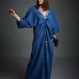 Blue Crinkled Cotton Embroidered Neckline Kaftan