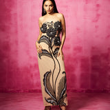 Beige Tulle Embroidered Floral Tube Neck Gown