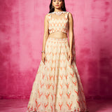 Ivory Georgette Abstract Print Lehenga Set with Jewelled Dupatta