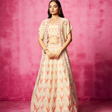 Ivory Georgette Abstract Print Lehenga Set with Throw Jacket