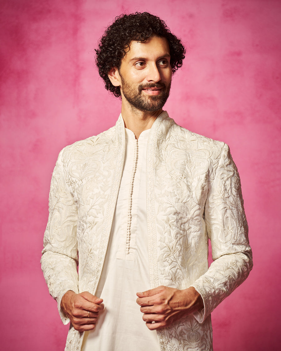 Ivory Embroidered Jacket with matching kurta and pants