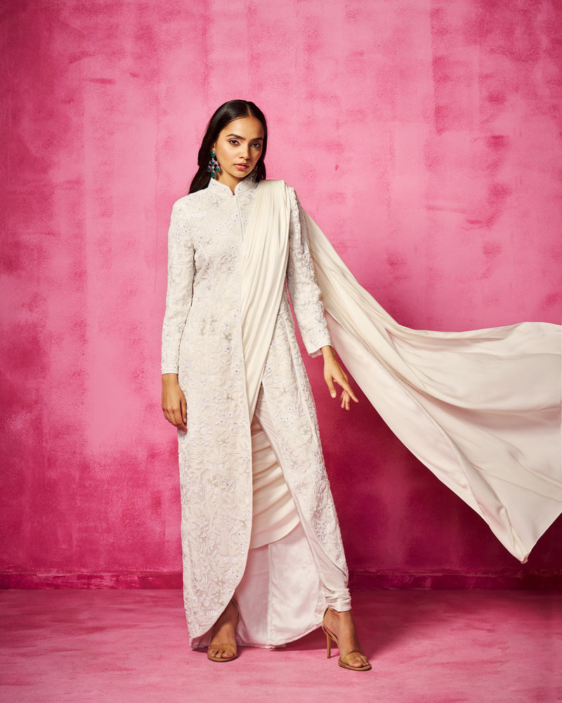 Ivory Embroidered Jacket teamed with a pre-draped pant saree