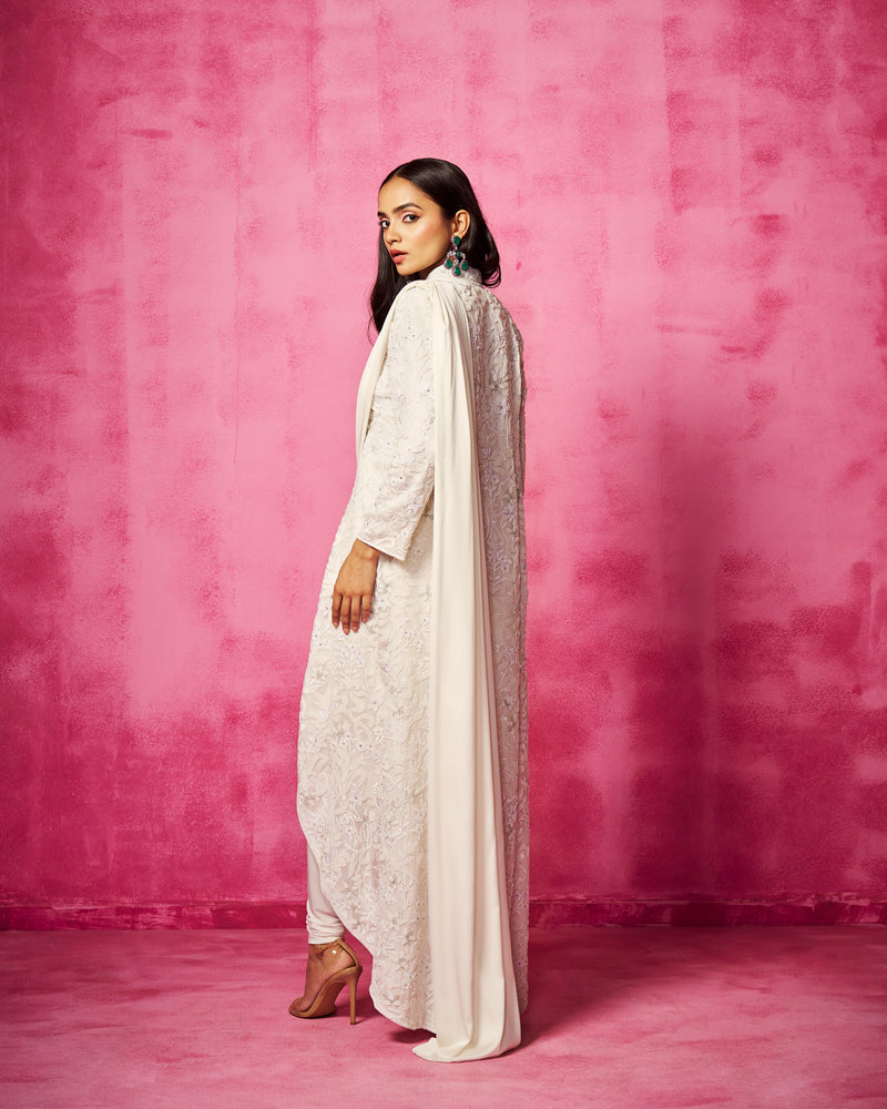 Ivory Embroidered Jacket teamed with a pre-draped pant saree