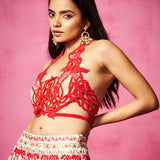 Embroidered Halter Crop Top and Ivory Lehenga Set