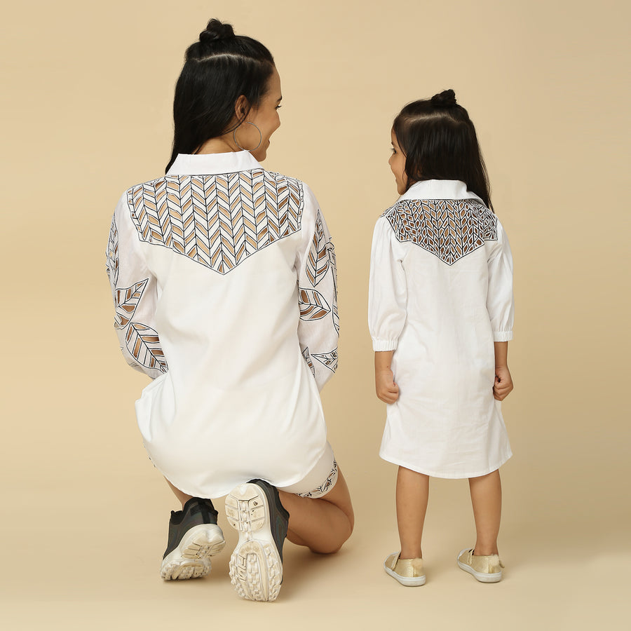 White Cutwork Shirt  Mother - Daughter Set