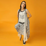 Black and White Fish Print Kurta and Pre-Draped Dupatta