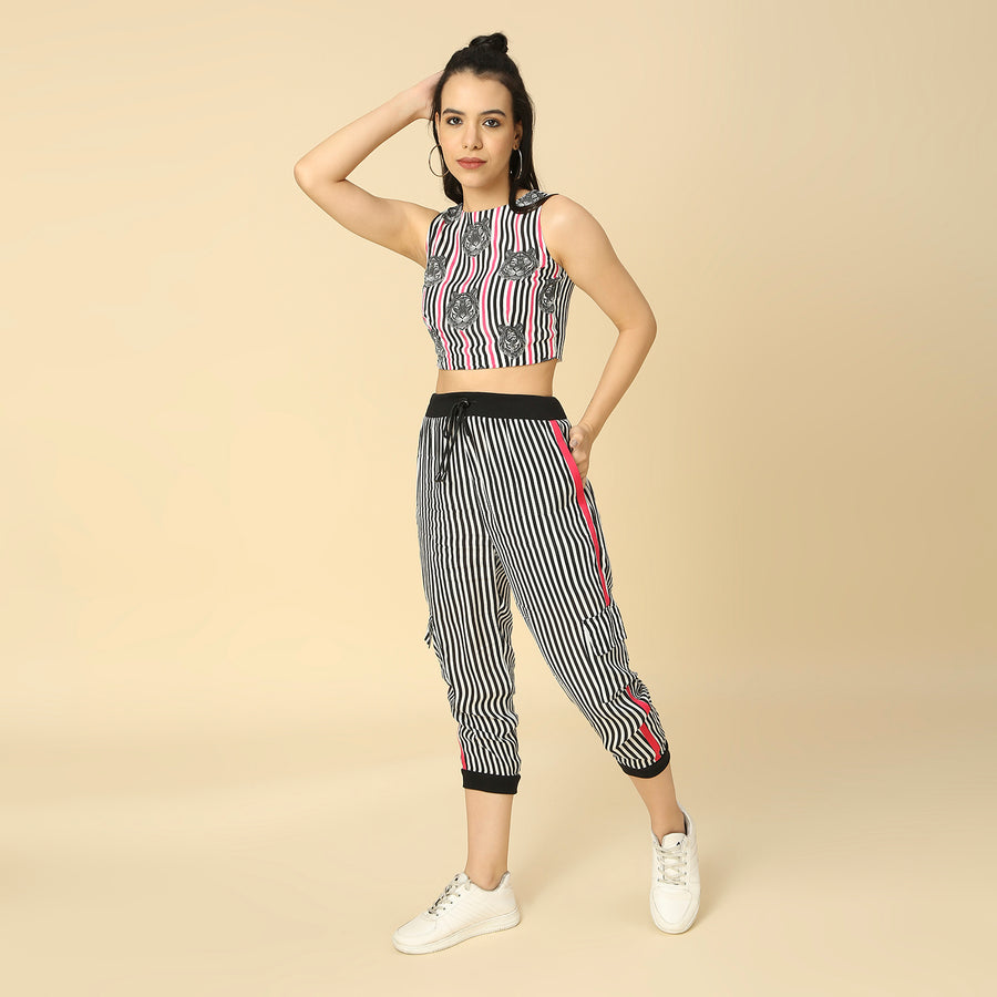 Pink Striped tiger print cropped top with matching pants