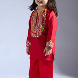 Red Silk Embroidered Co-ord Set