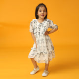 Bird Print Dress with Ruffle Detail