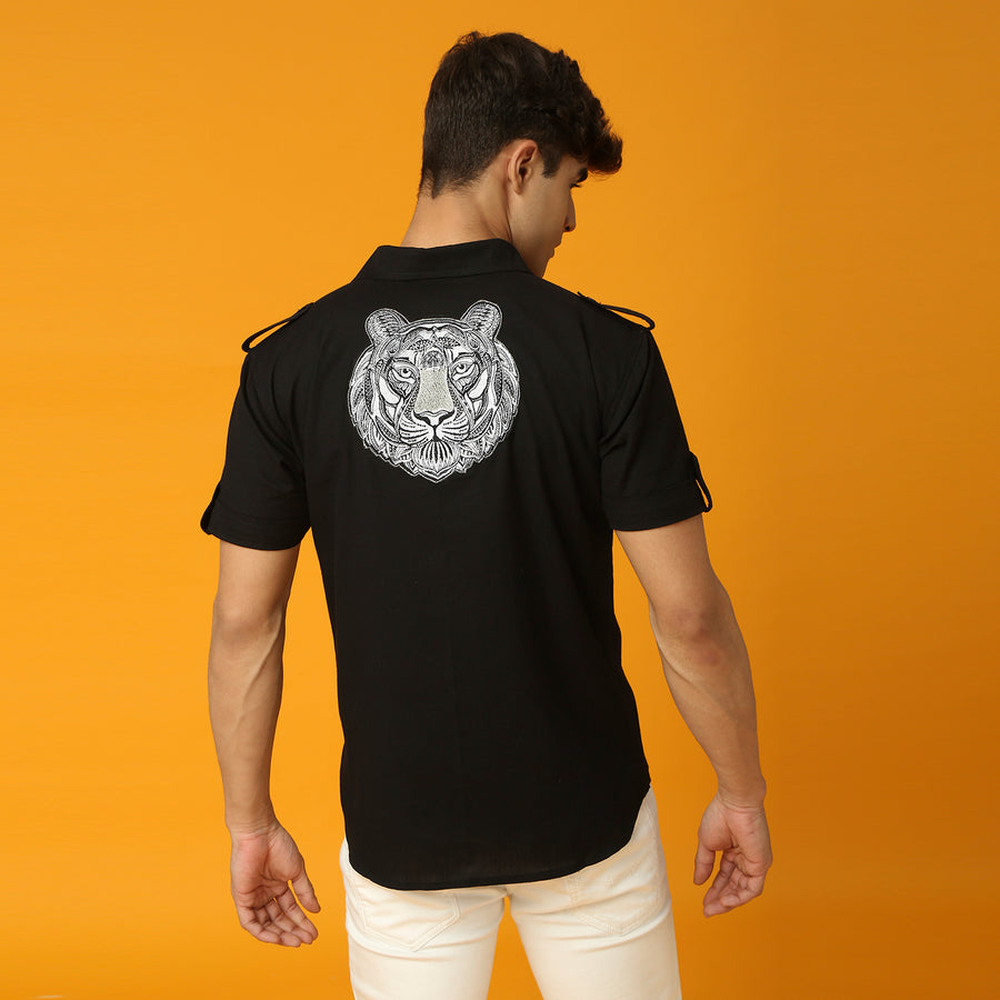Black Shirt with Embroidered Tiger Motif