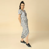 Black Fish Print Draped Cocoon Dress