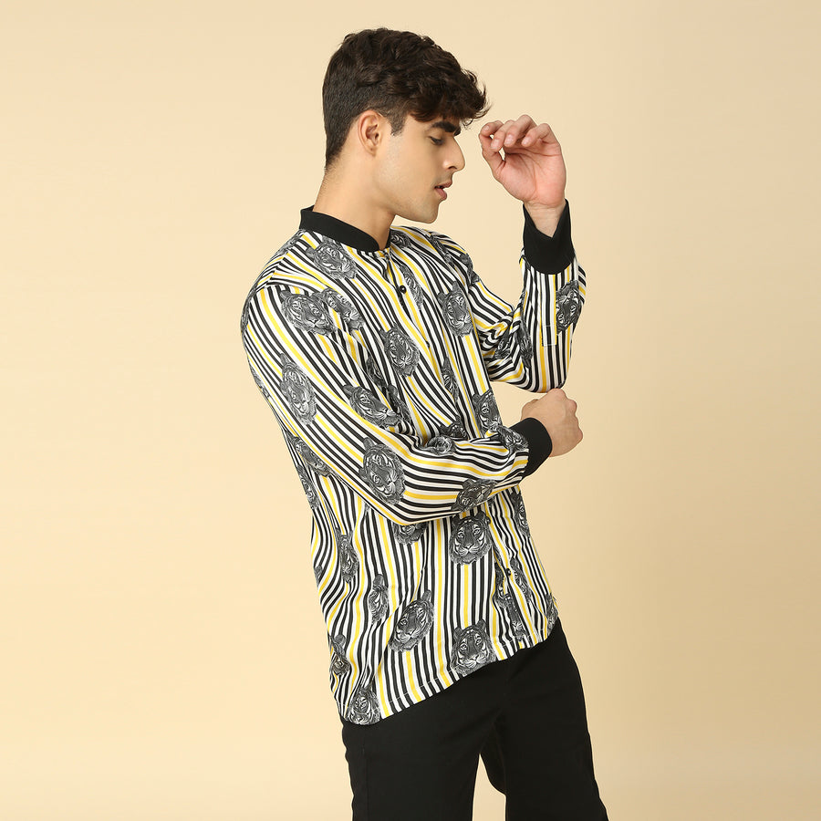 Tiger Print Striped Shirt with Ribbed Collar and Cuff