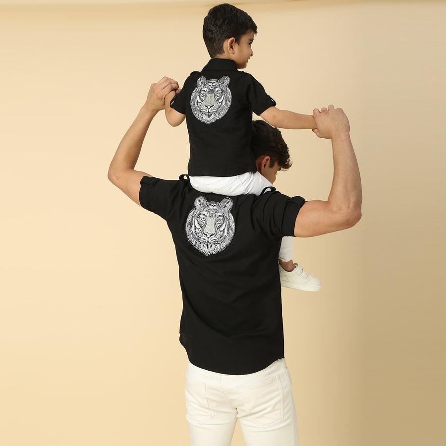 Black Shirt with Embroidered Tiger Motif - Father-Son Set