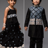 Black Embroidered Lehenga and Jacket Kurta Set - Siblings Set