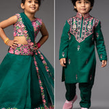 Green Embroidered Lehenga and Kurta Set - Siblings Set