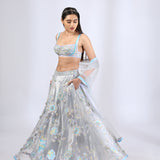 Grey fairytale lehenga with bralette blouse and dupatta & Grey Bandhgala teamed with narrow pants