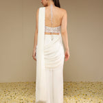 Back view of ivory predraped pant saree set