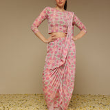 Pre draped printed saree in pink stretch Lycra fabric