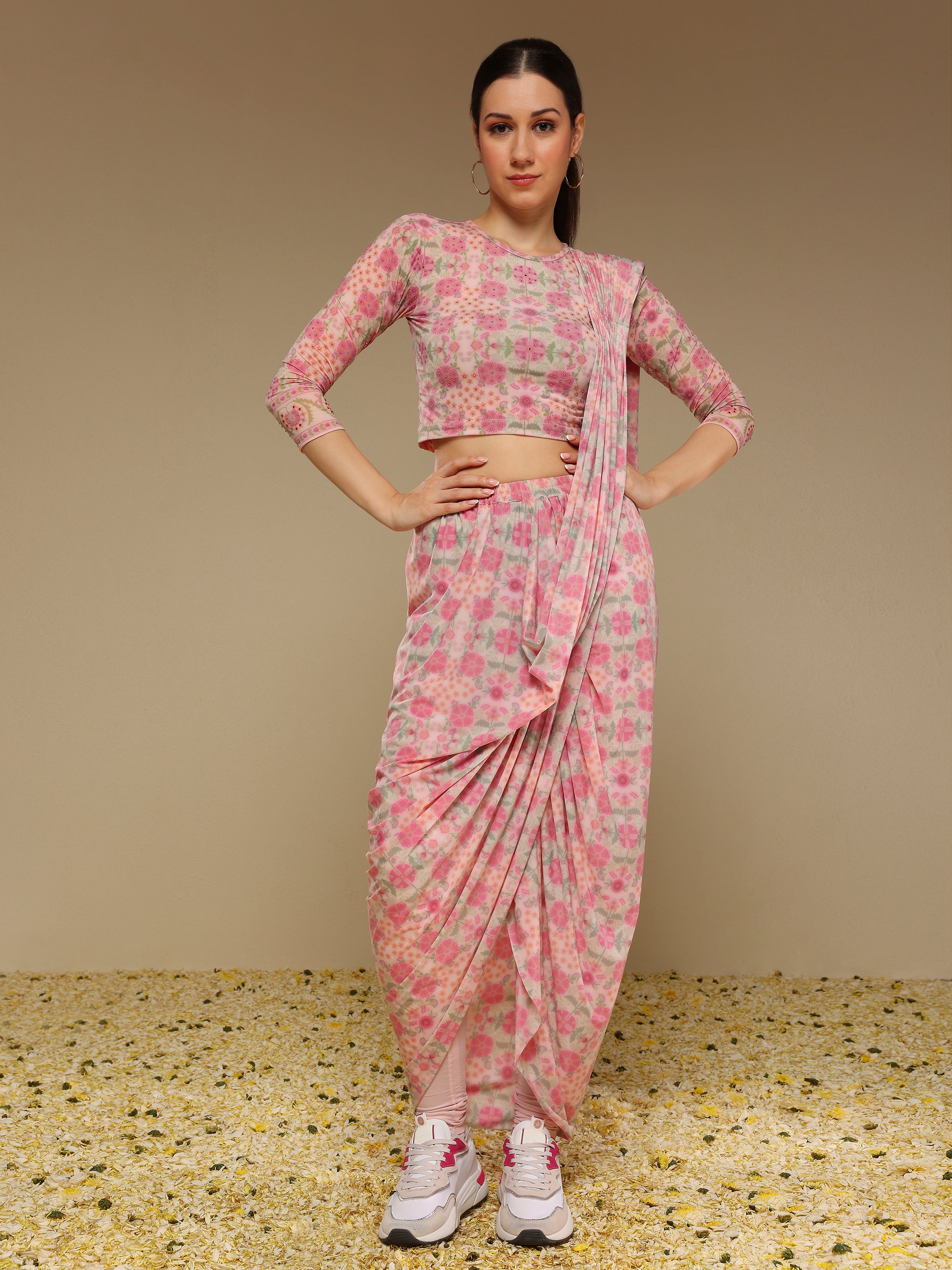 Pre draped printed saree in pink stretch Lycra fabric
