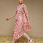 Side view of pre draped printed pink saree for easy wear