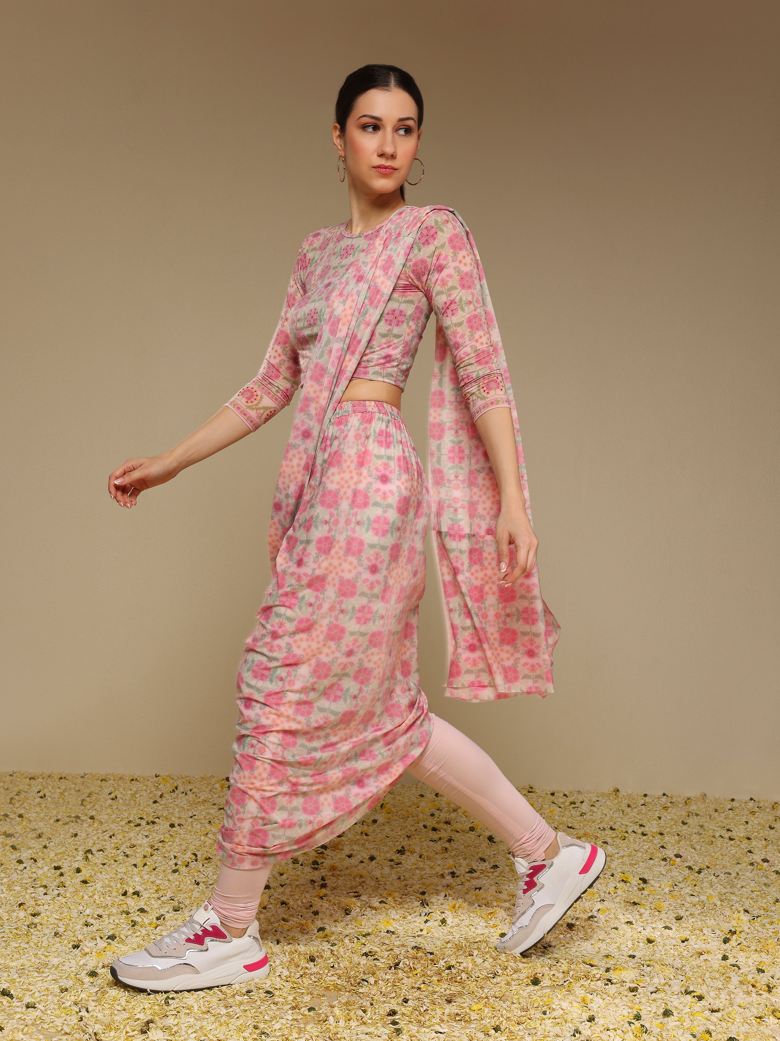 Side view of pre draped printed pink saree for easy wear