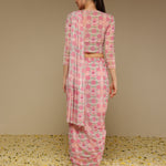 Back view of pre draped printed saree in pink