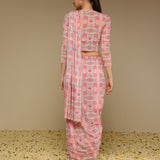 Back view of pre draped printed saree in pink