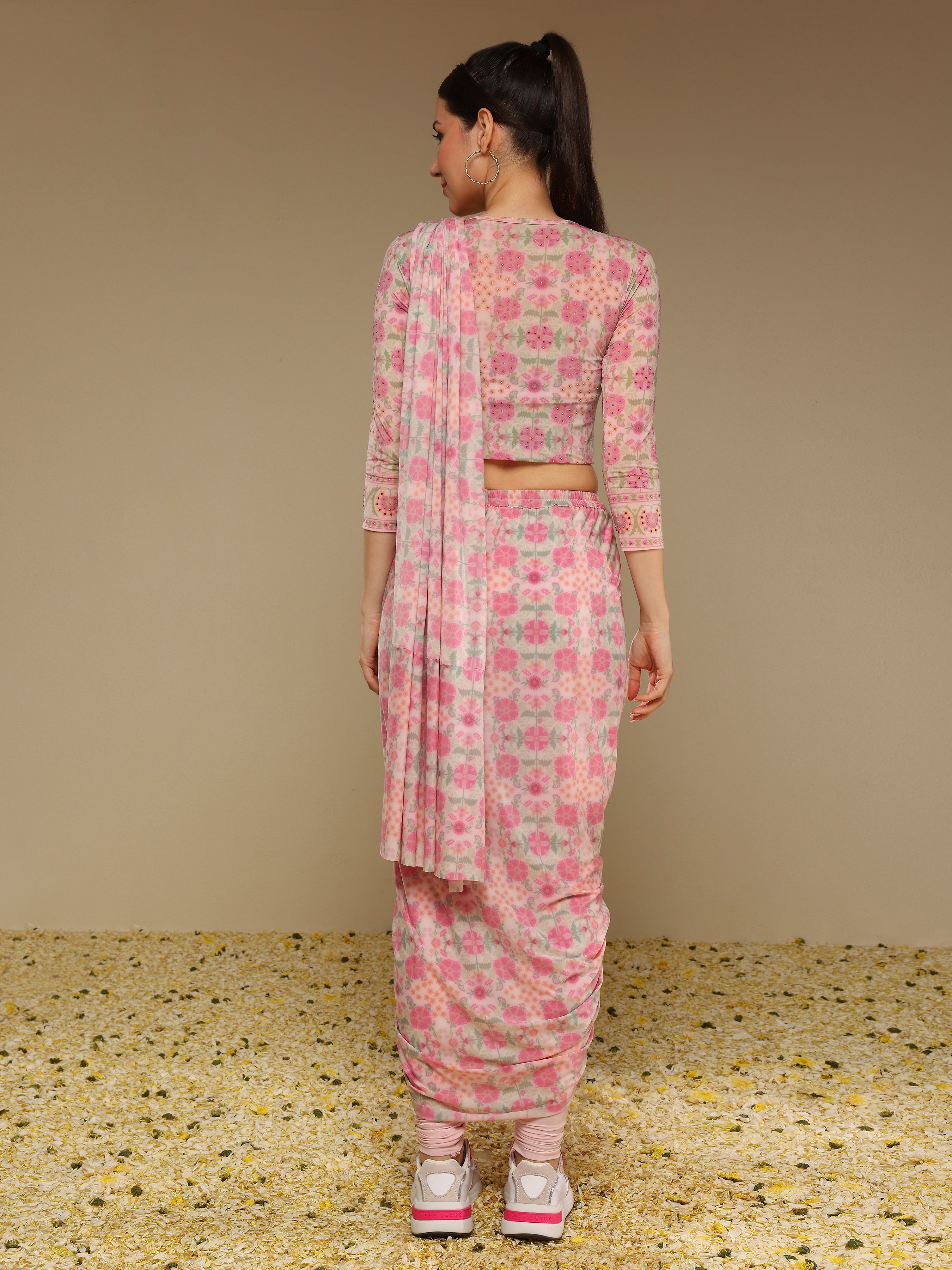 Back view of pre draped printed saree in pink