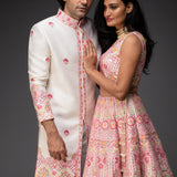 Ivory Embroidered Lehenga and Sherwani Couple Set