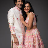 Ivory Embroidered Lehenga and Sherwani Couple Set