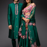 Green Bridal Lehenga Set and Kurta, Jacket and Pants - Couple Set