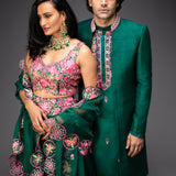 Green Bridal Lehenga Set and Kurta, Jacket and Pants - Couple Set