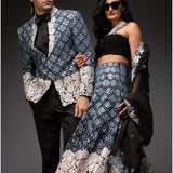 Black Bridal Lehenga Set and Jacket with Pants - Couple Set
