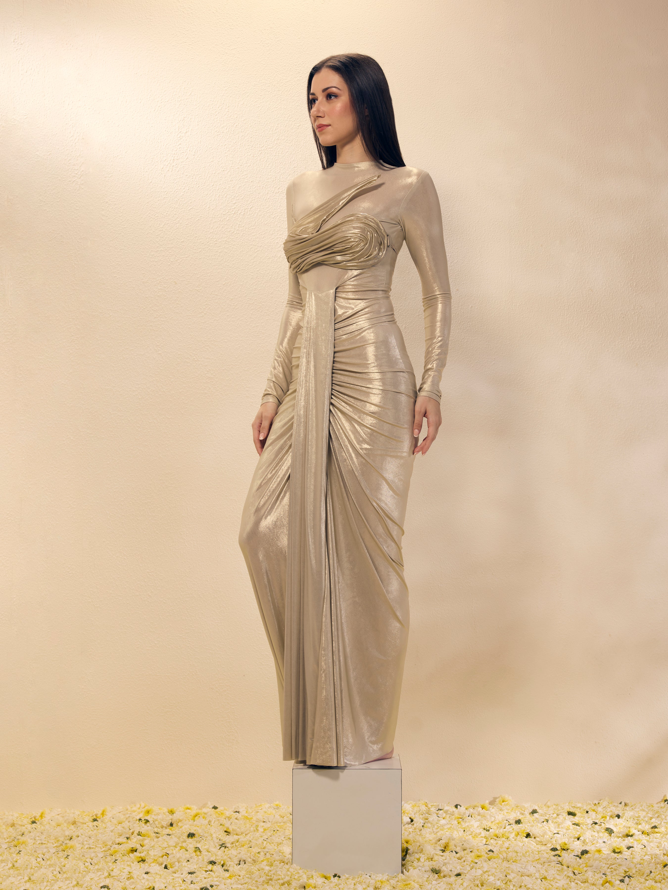 Woman wearing a metallic silver evening gown against a neutral background