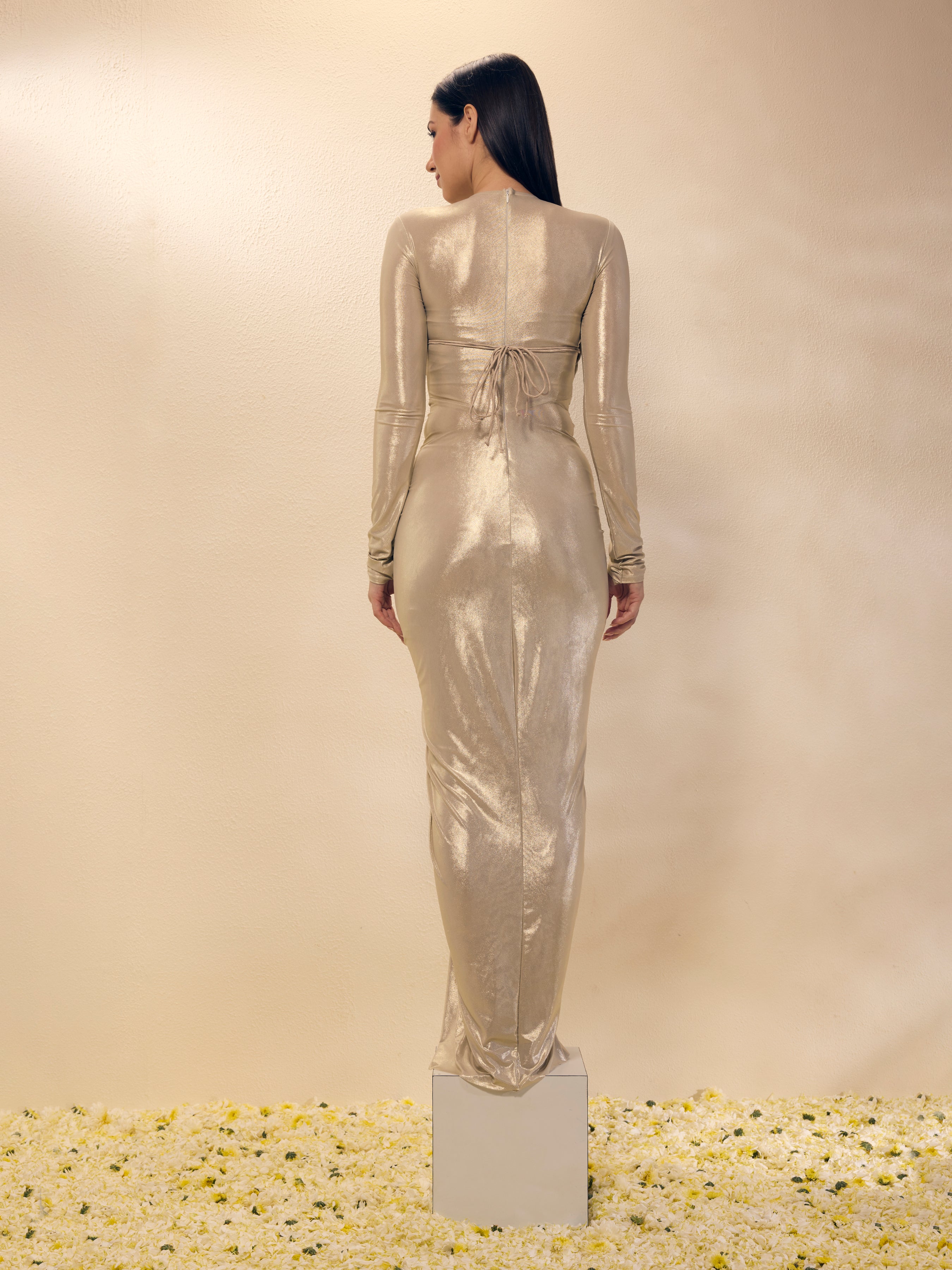 Woman wearing a long, sheer metallic dress on a beige background