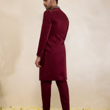Maroon Satin Linen Sherwani Set with Narrow Pants