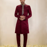 Maroon Satin Linen Sherwani Set with Narrow Pants