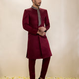 Maroon Satin Linen Sherwani Set with Narrow Pants