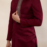 Maroon Satin Linen Sherwani Set with Narrow Pants