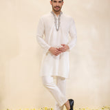 Ivory Kurta Set with Hand-Embroidered Collar and Placket and Pants