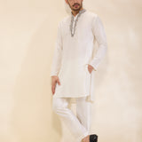 Ivory Kurta Set with Hand-Embroidered Collar and Placket and Pants