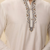 Ivory Kurta Set with Hand-Embroidered Collar and Placket and Pants