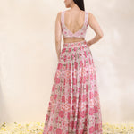 Back view of printed georgette lehenga and dupatta with embroidered spun silk blouse