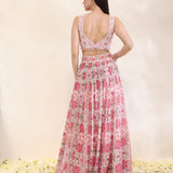 Back view of printed georgette lehenga and dupatta with embroidered spun silk blouse