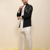 Ivory Spun Silk Kurta Set with Black Cutwork Hand-Embroidered Jacket