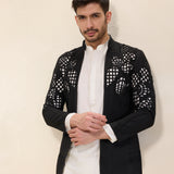 Ivory Spun Silk Kurta Set with Black Cutwork Hand-Embroidered Jacket