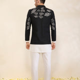Ivory Spun Silk Kurta Set with Black Cutwork Hand-Embroidered Jacket
