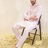 Light Pink Kurta Set with Hand-Embroidered Collar and Placket and Pants