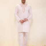 Light Pink Kurta Set with Hand-Embroidered Collar and Placket and Pants